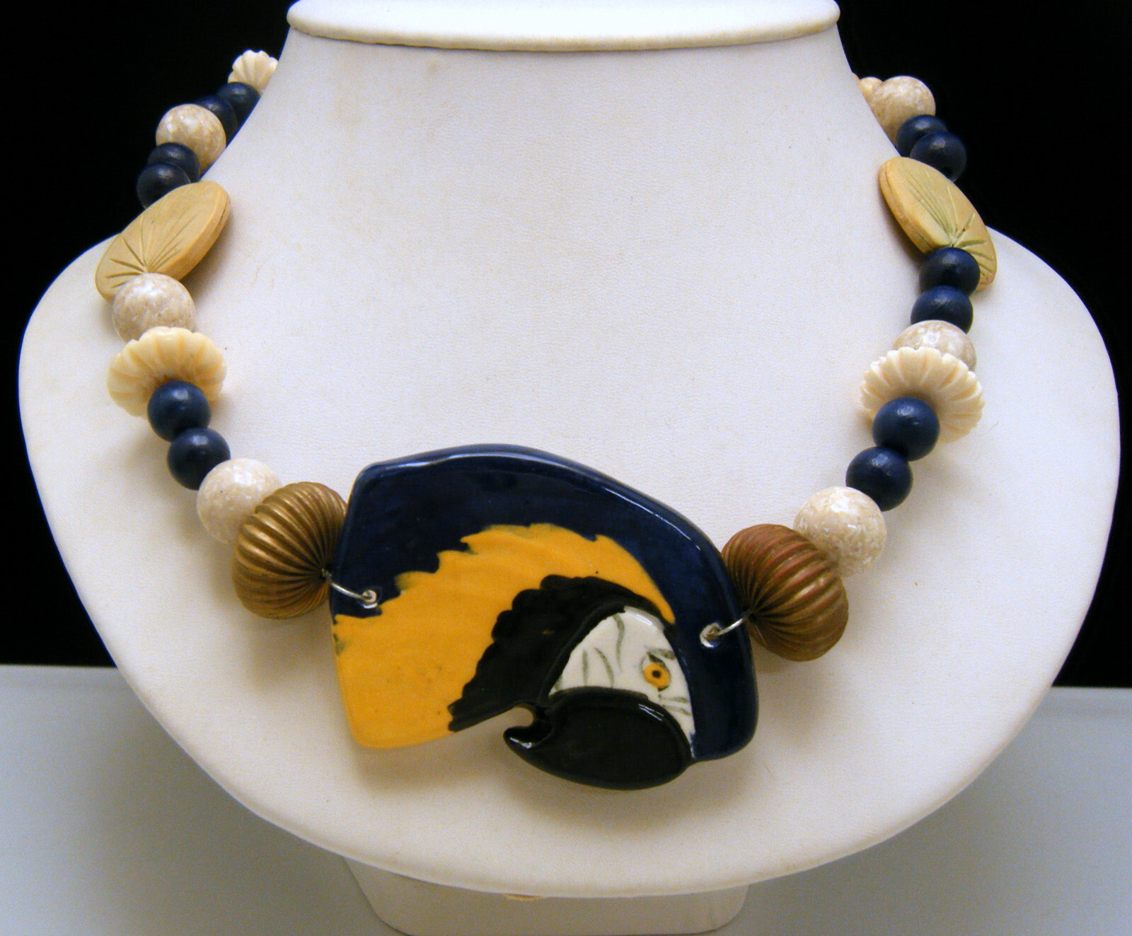 Vintage PN Parrot Bird Ceramic Wood Glass Bead Necklace Silver Tone