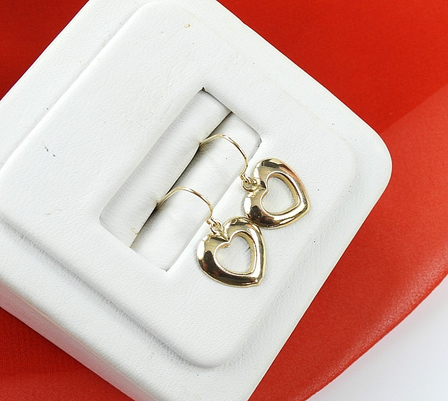 14K Yellow Gold Heart Dangle Drop Earrings Vintage JCM Fine Hook Classic Jewelry