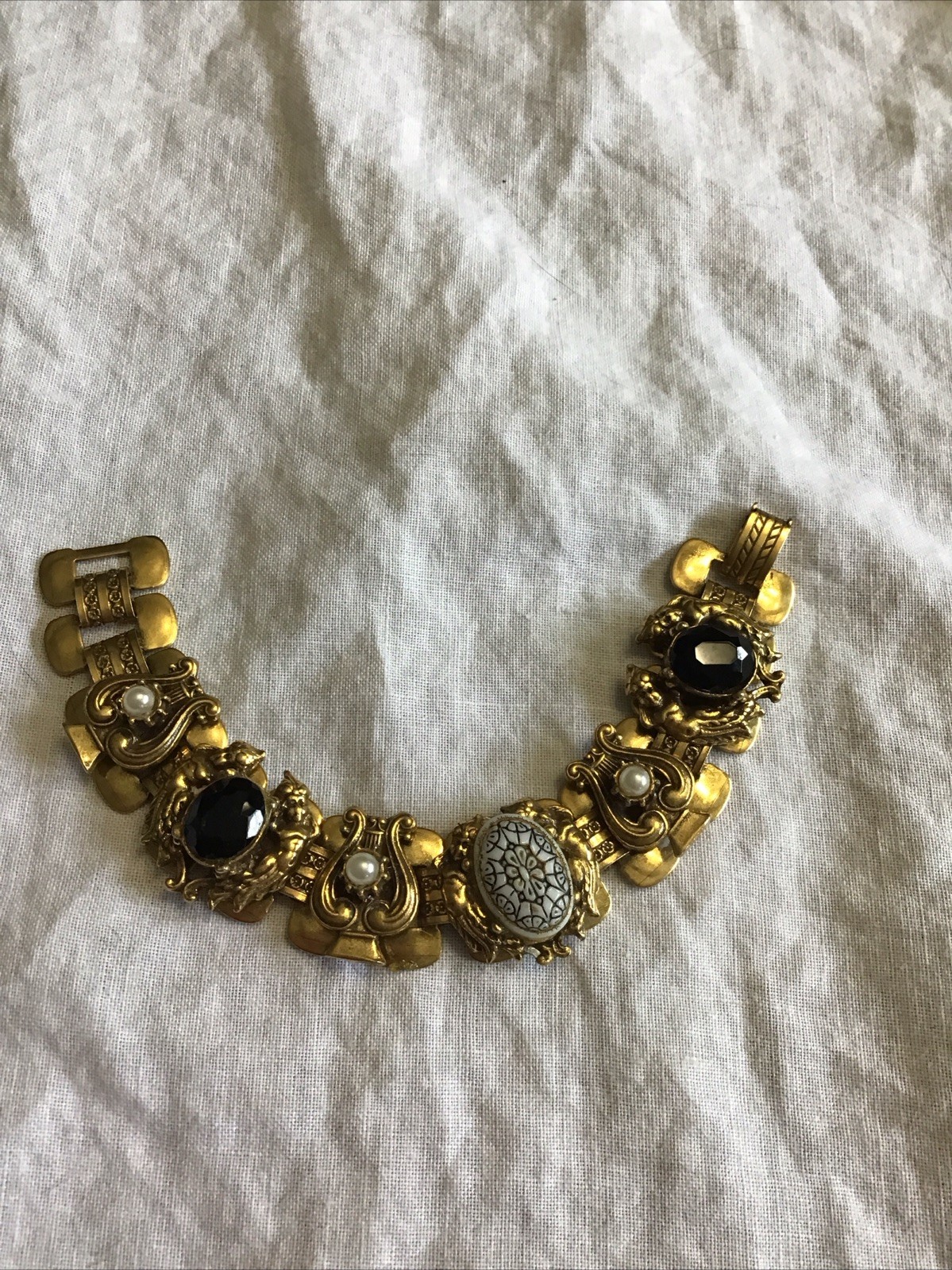 Amazing Vintage Gold Tone Station Layered Charm Bracelet Harp Style