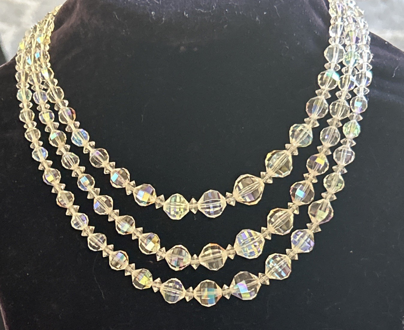 Laguna faceted clear crystal three strand 15” beaded necklace