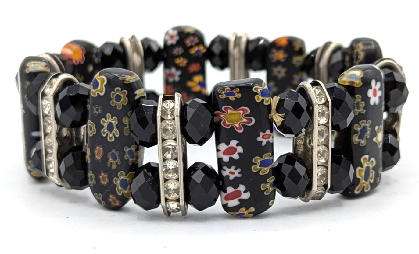 Vintage Millefiori Bracelet Beaded Stretch Clear Rhinestones Black Faceted Beads