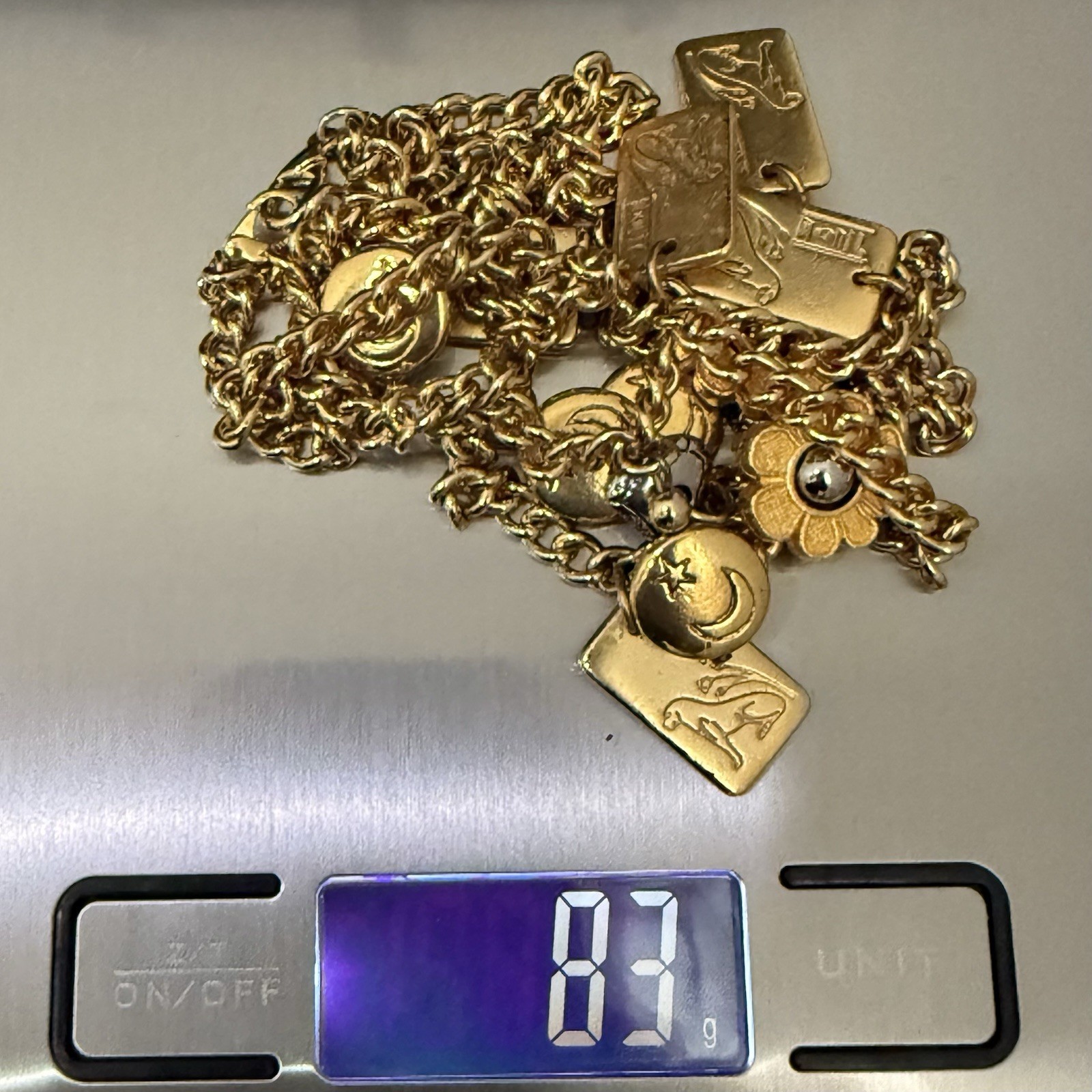 Vintage LCI Liz Claiborne Gold-tone Tarot Flower Star Moon Charm 38”Necklace 83g