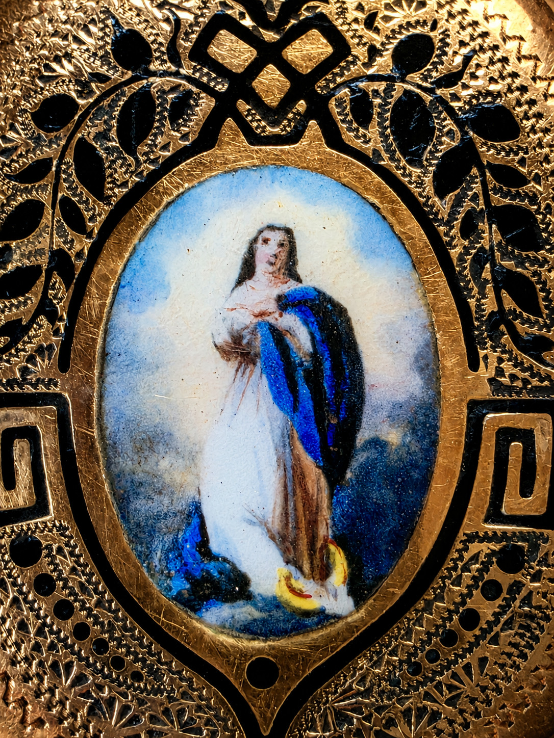 Antique Victorian 14K Gold Virgin Mary Enamel Locket Guilloche Religious Pendant