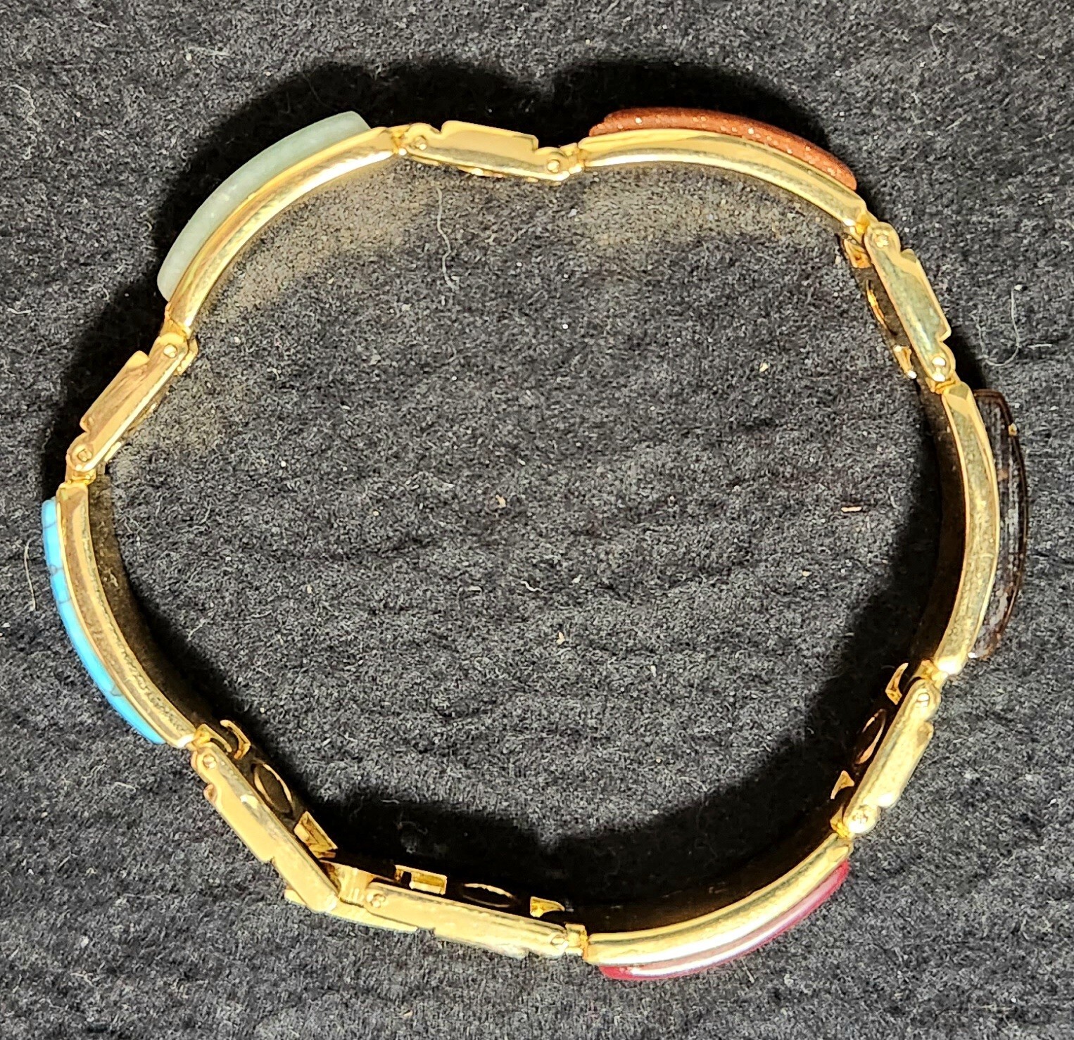 Vintage Chinese Jade Turquoise Tigers Eye Gold Tone Magnetic Link Bracelet 7.5″