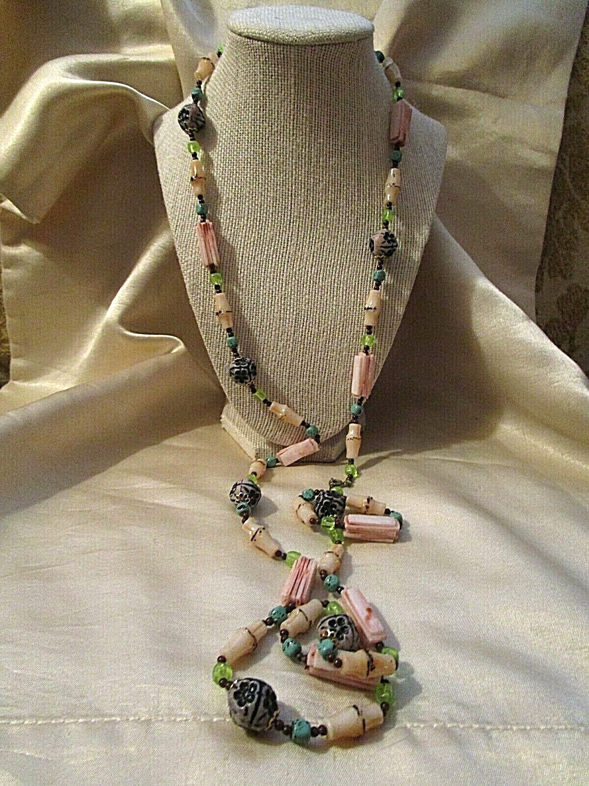 UNIQUE VINTAGE Multi-Bead NECKLACE: PLASTIC TIKI BAMBOO- CERAMIC FLOWER POWER+