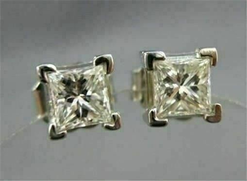 ESTATE .80CT DIAMOND 14KT WHITE GOLD PRINCESS CUT STUD EARRINGS H VVS/VS #5975