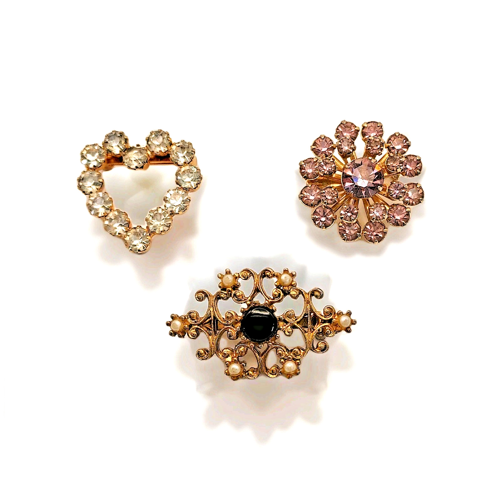 Vintage Set of 3 Retro Small Scatter Pins Brooches Heart Pink Starburst Filigree
