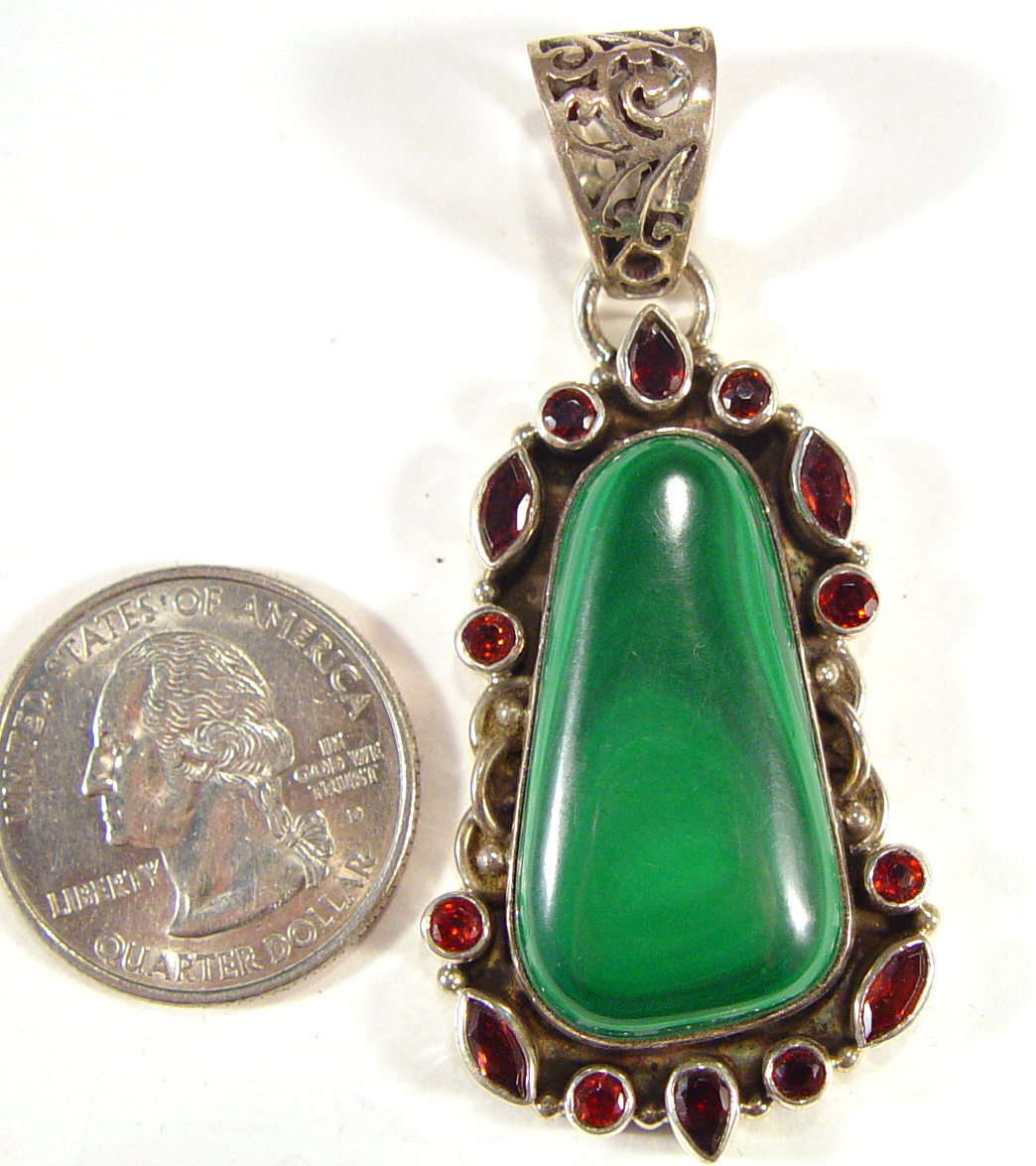Sterling silver pendant, malachite with garnets, 2 3/8 inches long, 22.75 grams