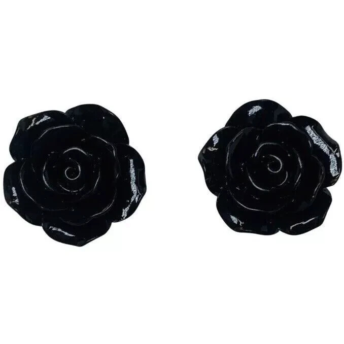 Black Rose Earrings Flower Button Stud 1″ Pierced Lucite Gothic Punk Indie