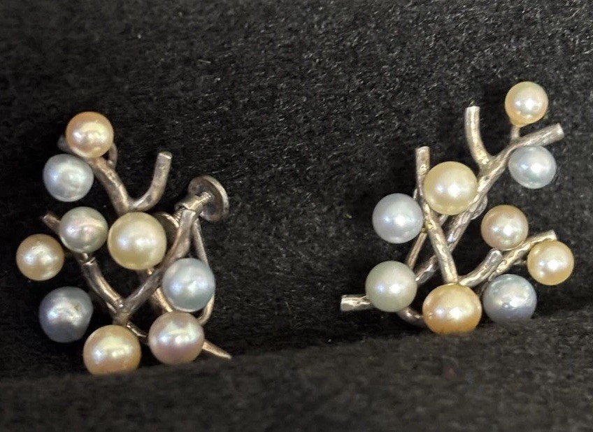 Vintage Ming’s Screwback Earrings; Silver Blue & White Akoya Pearls.