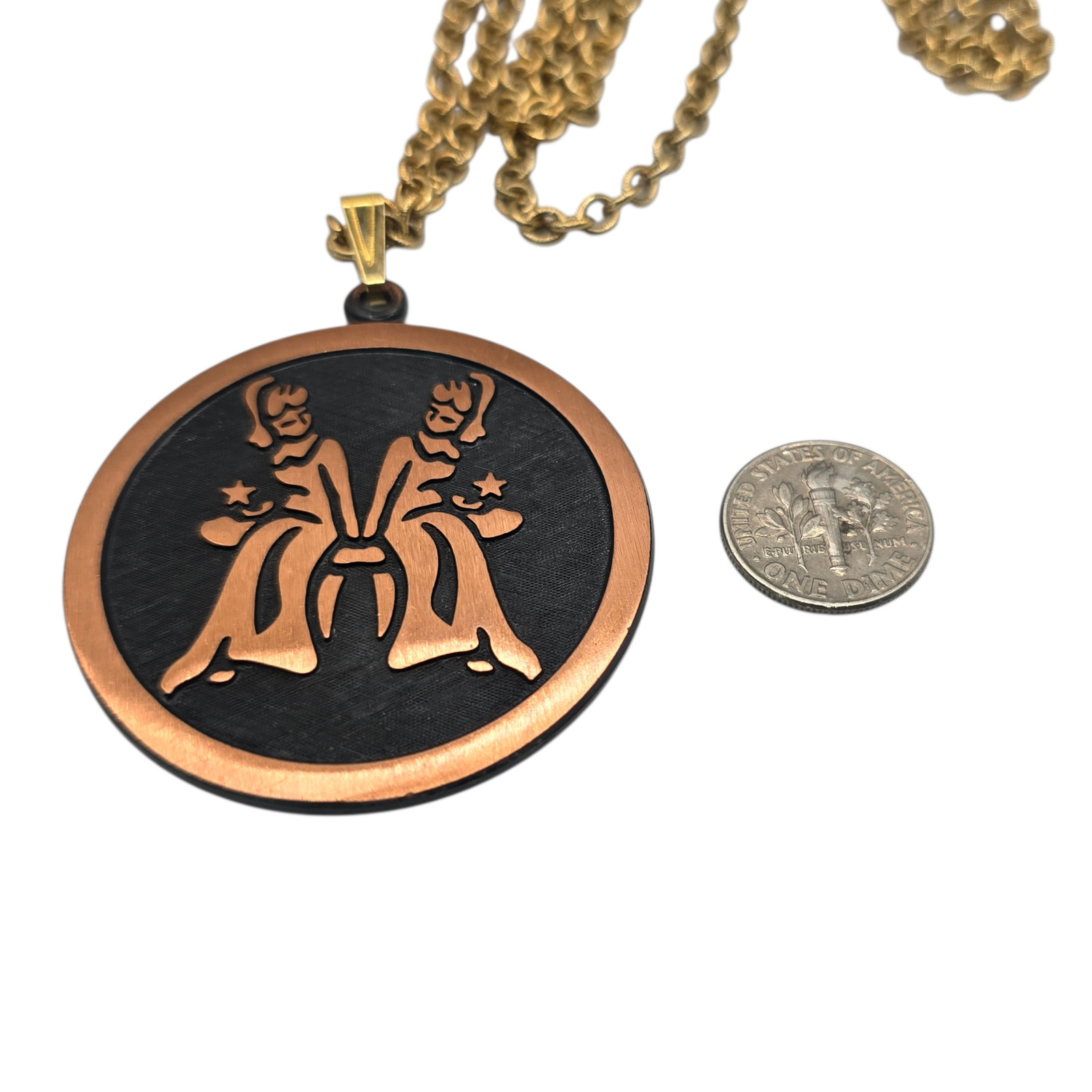 Necklace Vintage Coppercraft Guild Gemini Pendant Copper Gold Tone 24″ SKU 2887