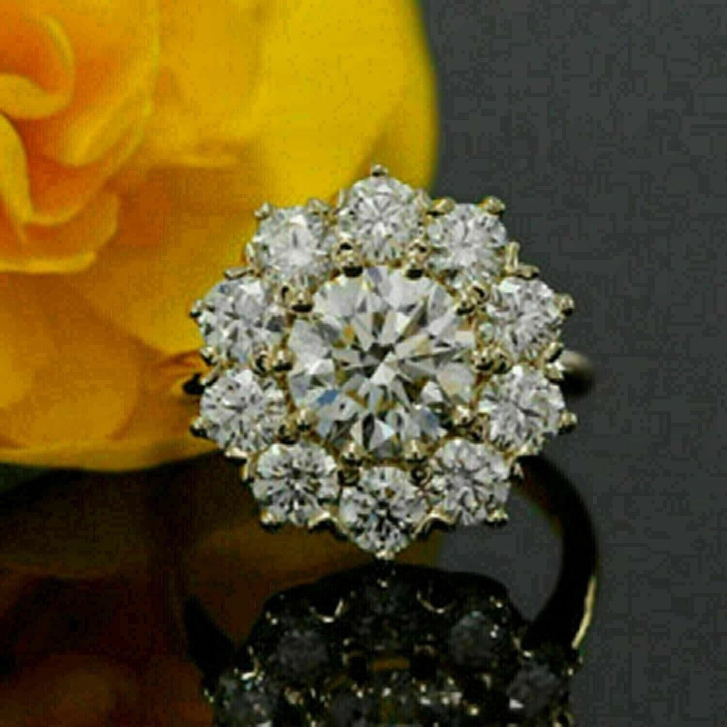 3.25Ct Round Lab Created Diamond Cluster Engagement Wedding 14K Gold Finish Ring