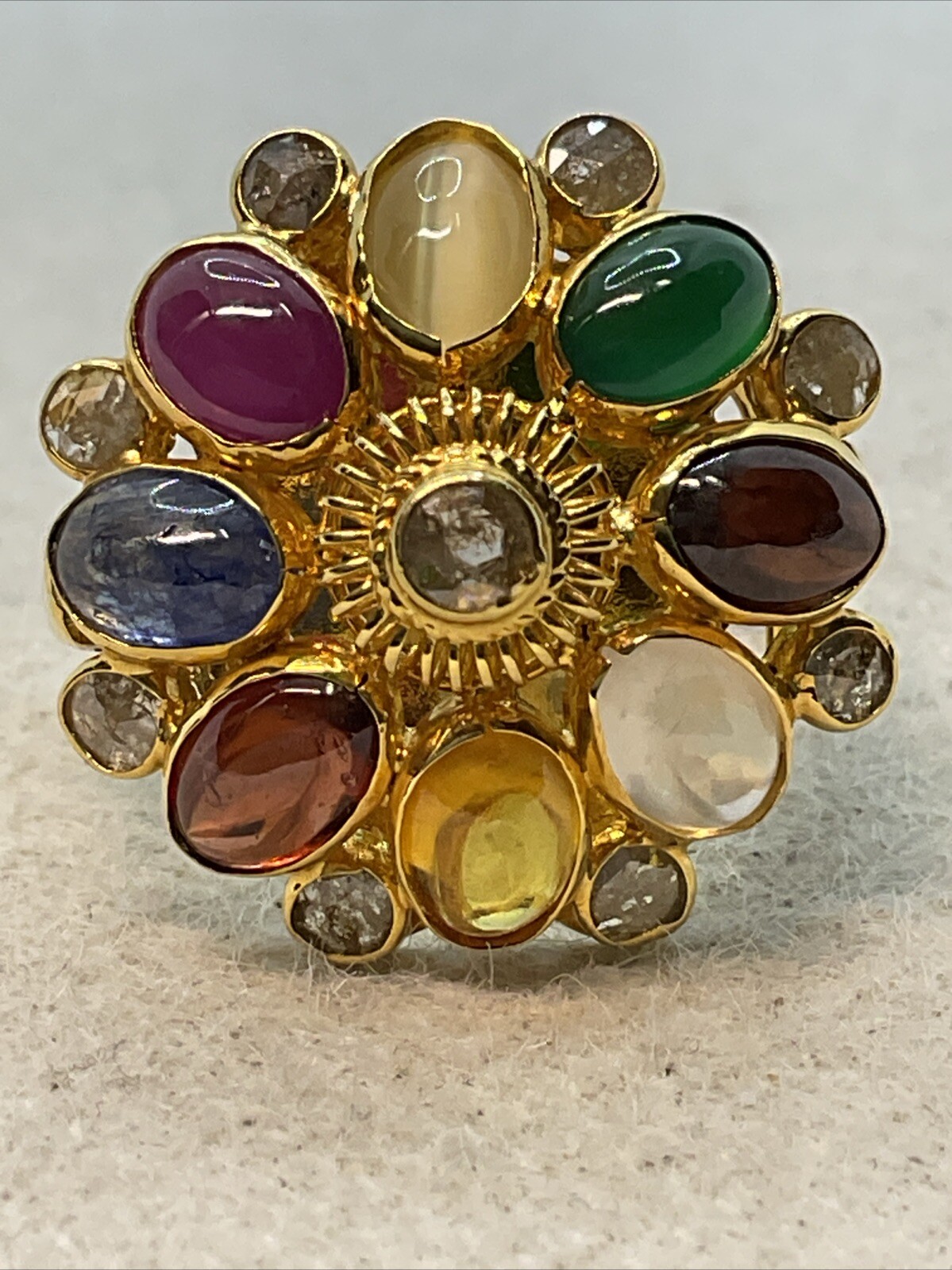 VINTAGE HANDMADE Solid 18K (750) Multicolor Gemstones & Rose Cut Diamonds Ring