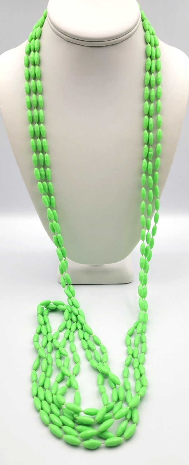 Vintage Lime Green 3 Strand Plastic Bead Necklace Hong Kong Long 50″
