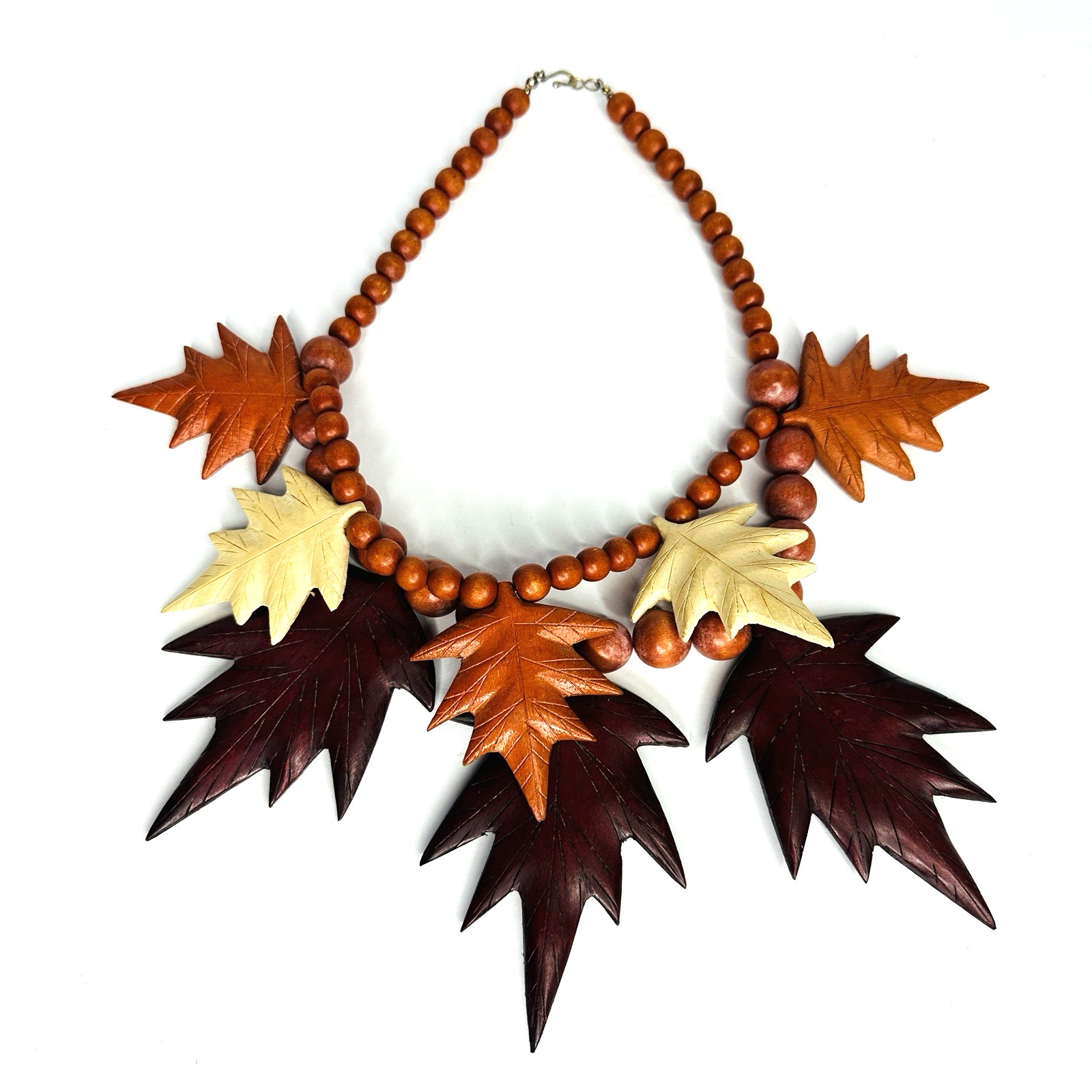 VTG Boho Wooden Leaf Necklace Double Strand Beaded Autumn Fall Colors Statement