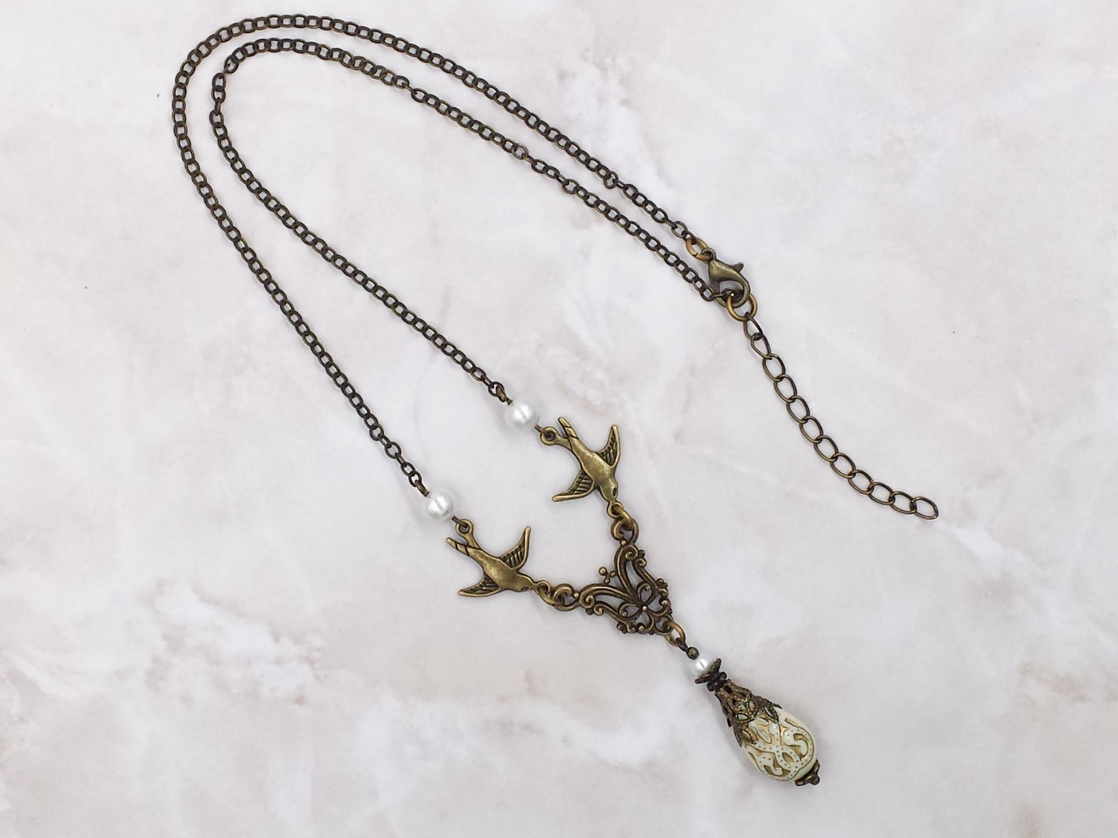 Victorian Necklace- Cream Acrylic Bead Simulated Crystal Pearl Antiqued Bird