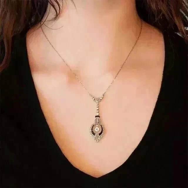 2Ct Art Deco Style Lab-Created Diamond & Onyx Wedding 14K White Gold FN Pendant