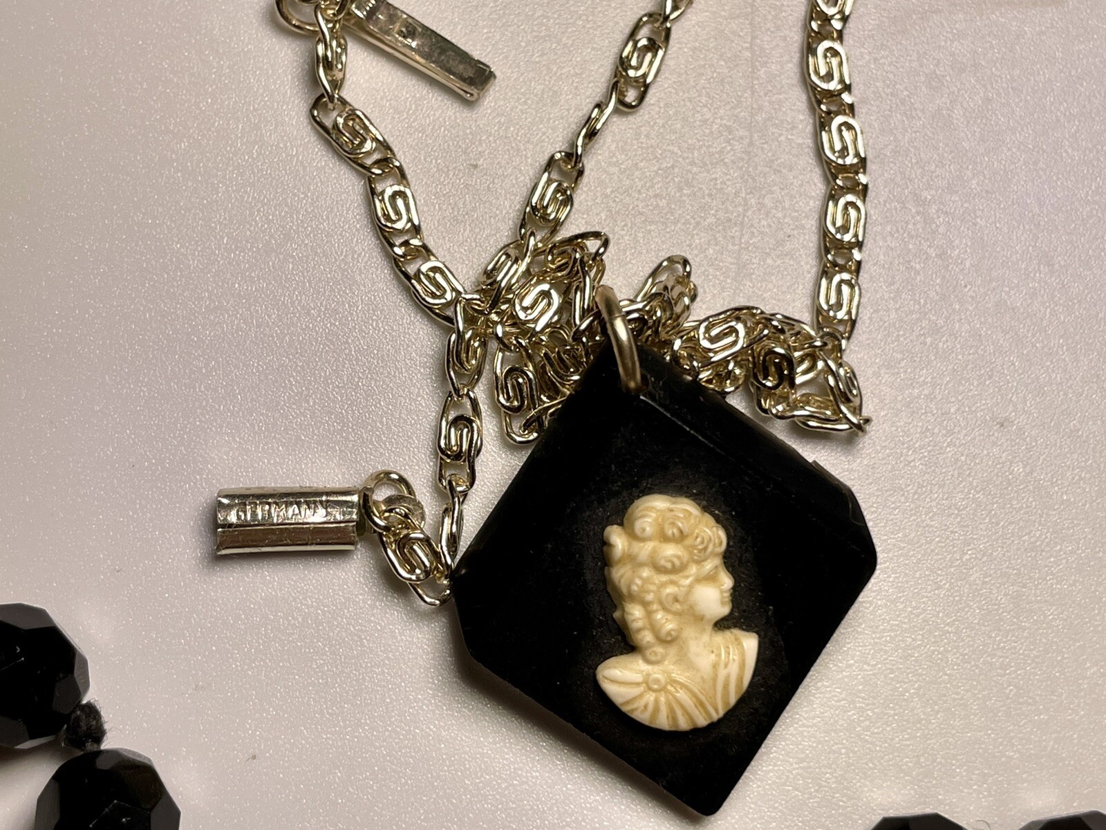 Necklaces- Czech Amber & Jet Glass Austrian & Rhodium W/ Bakelite Cameo Germany