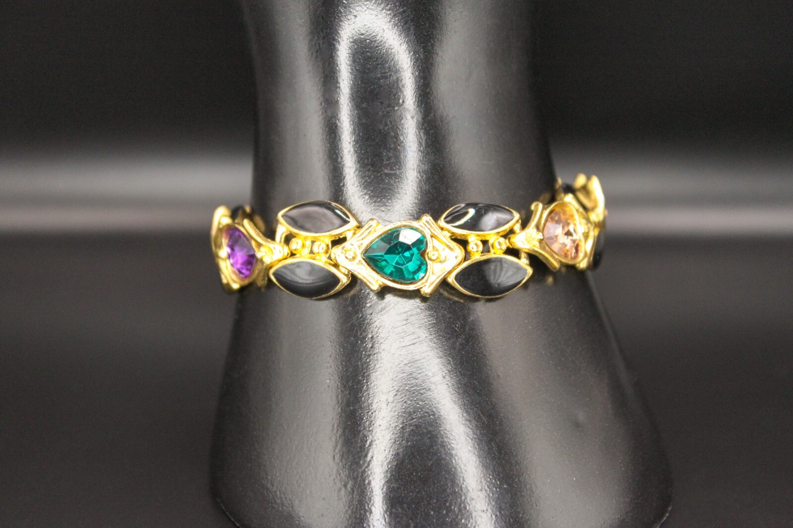 Vintage ORENA of PARIS France Rhinestones Enamel Heart Link Bracelet Gold Tone