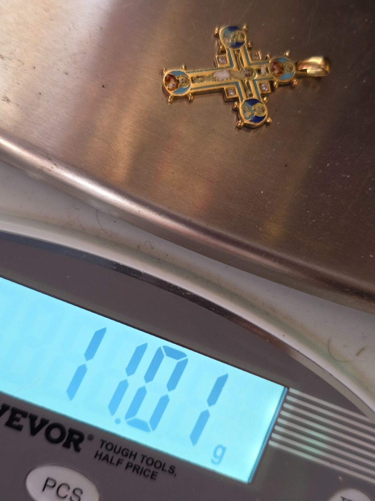 Antique Byzantine Revival Cross Pendant 18K Gold Enamel 4 Diamond Rare Religious