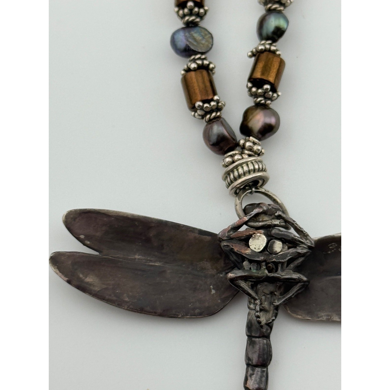 Vintage 1999 Robert Bob Burkett Signed Dragonfly Pendant Beaded Pearl Necklace
