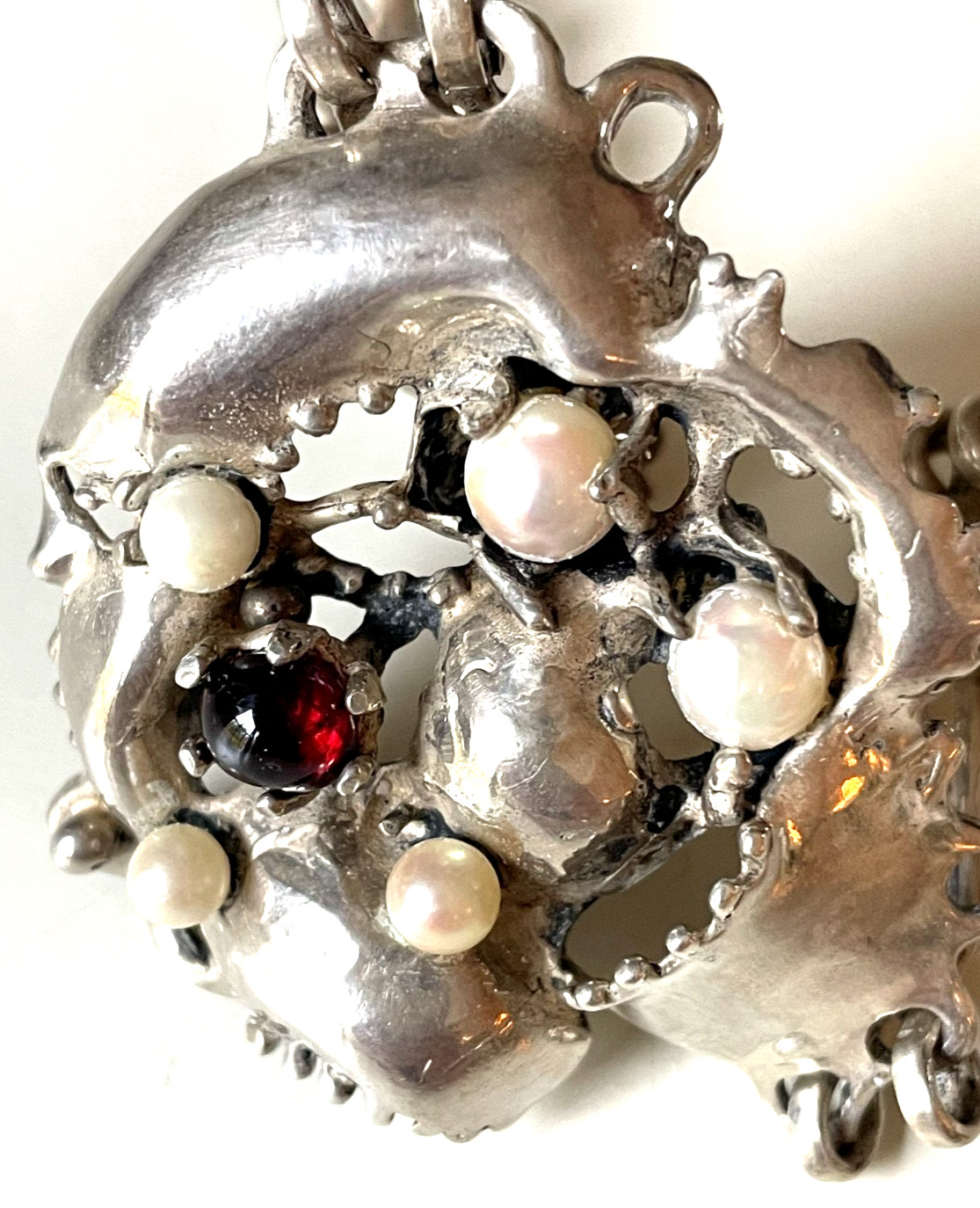 Vintage Brutalist Sterling Silver Necklace Pearl Garnet Organic Modernist 49g