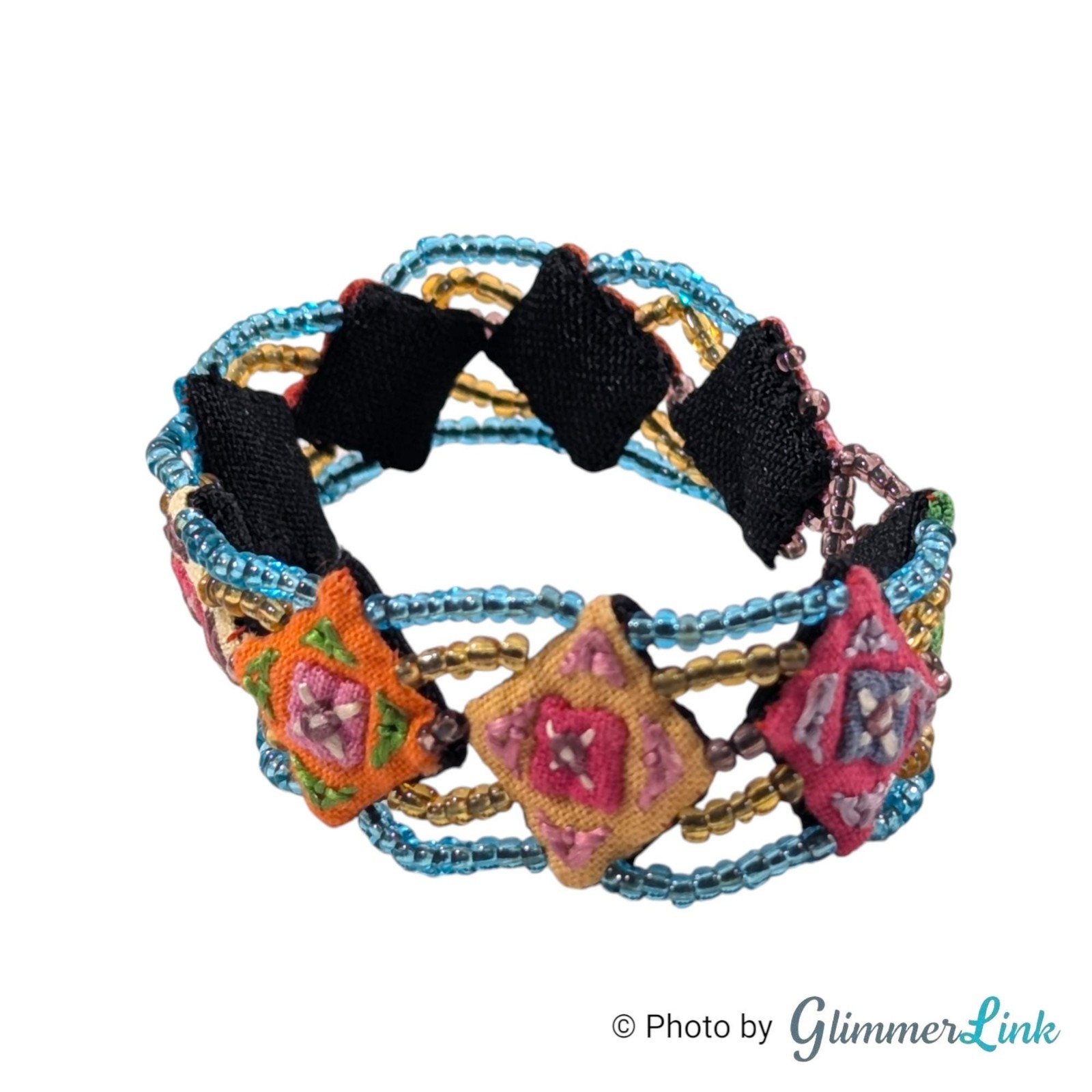 Vintage Beaded Bracelet Embroidered Textile Panels Boho Multicolor