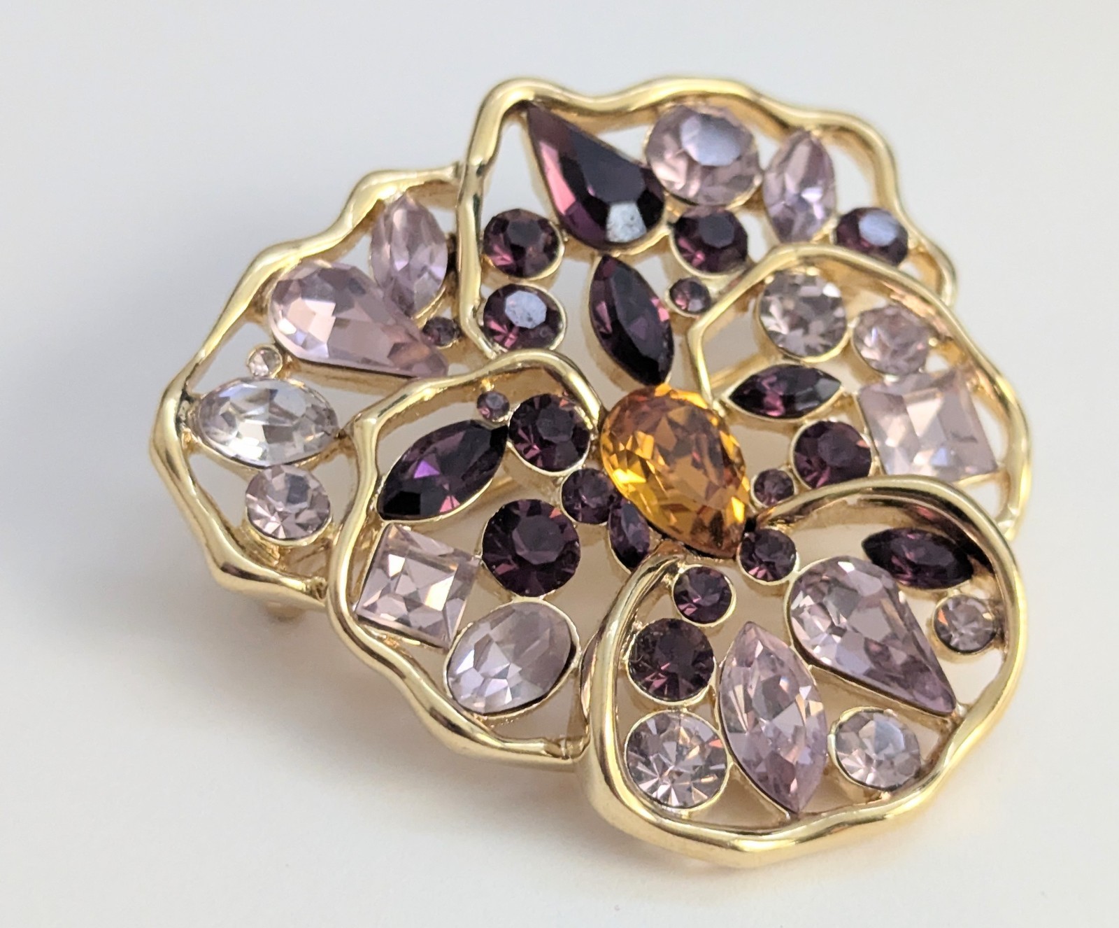 Vtg Signed Nolan Miller Purple Rhinestone Pansy Flower Brooch Gold Tone