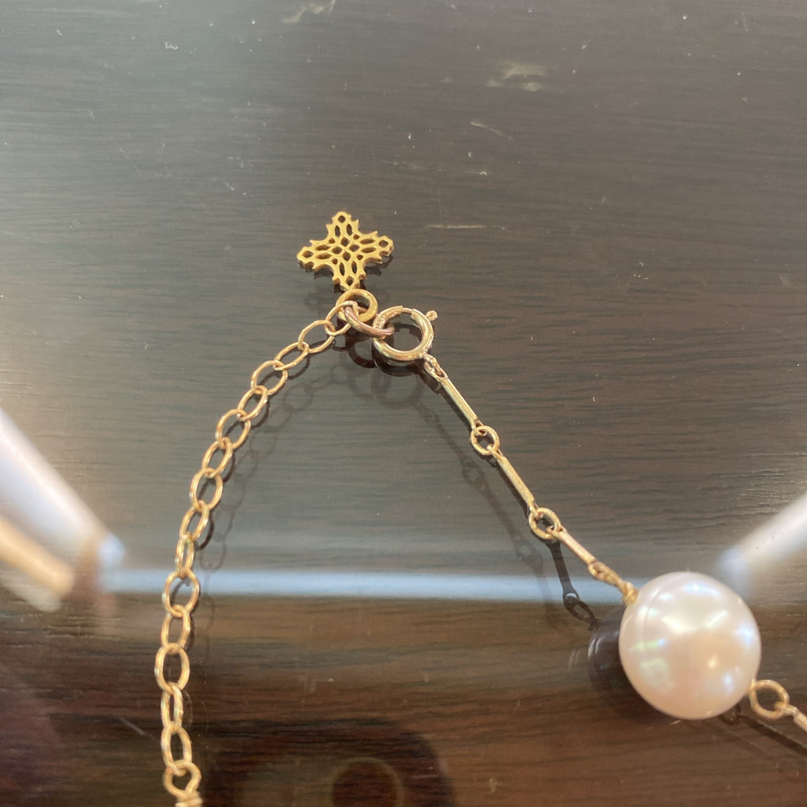 Pearl Station Necklace Bar Link Gold Tone 18″ Charm at Clasp Classic Formal