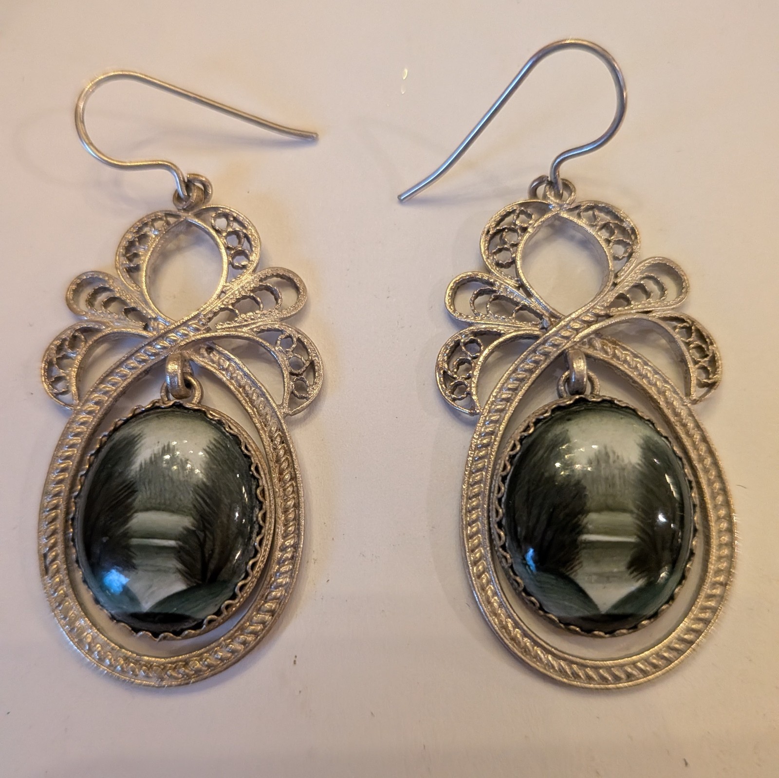 Vintage Russian hand-painted Landscape Rostov finift Enamel Filigree Earrings