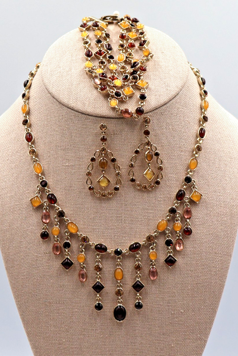 Vintage Honey & Brown Amber w/ Gold Rhinestones Necklace, Bracelet & Earrings