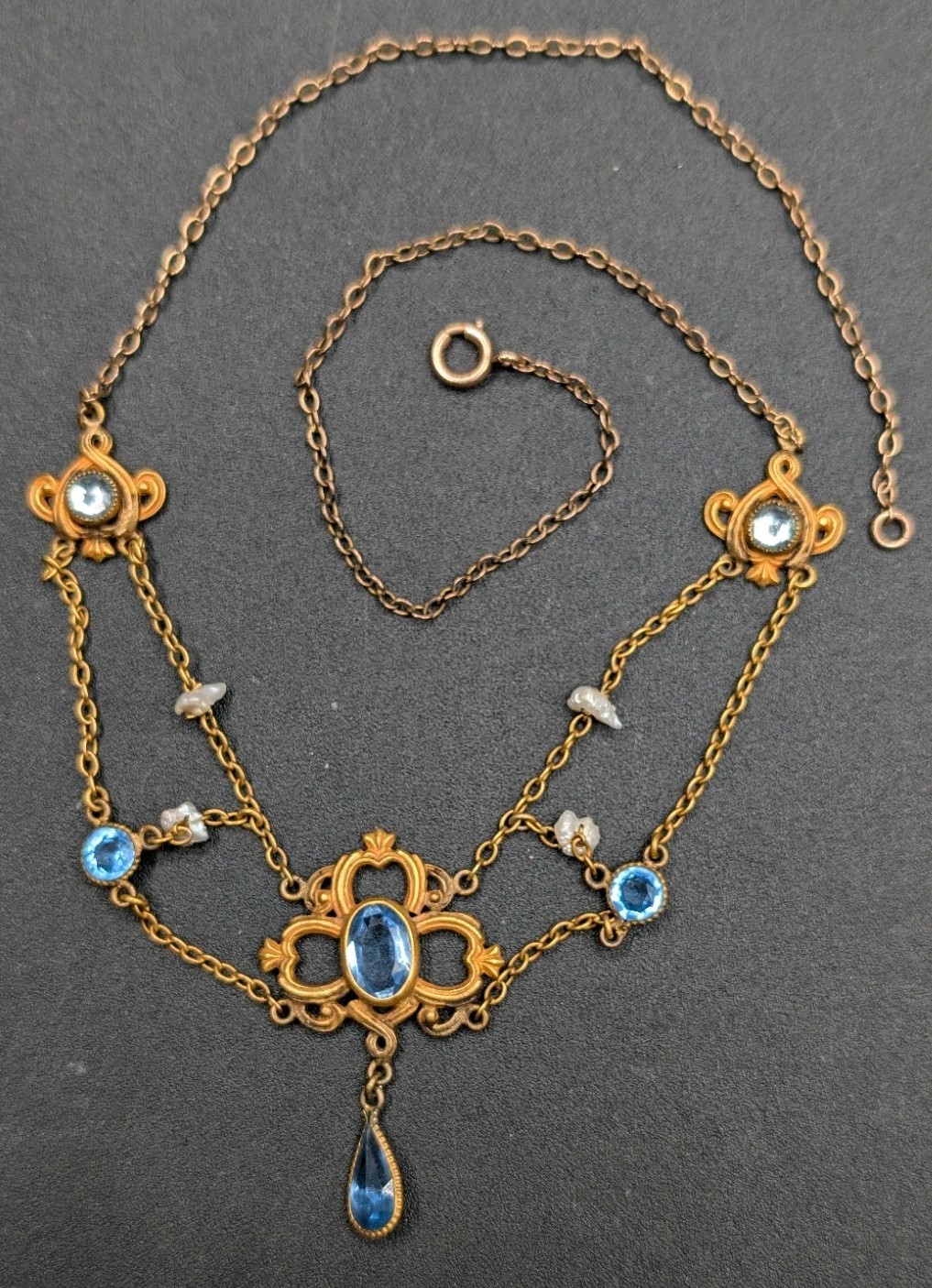 AMAZING Art Nouveau Era Festoon Blue Glass Pearl Antique Vintage Necklace 16″
