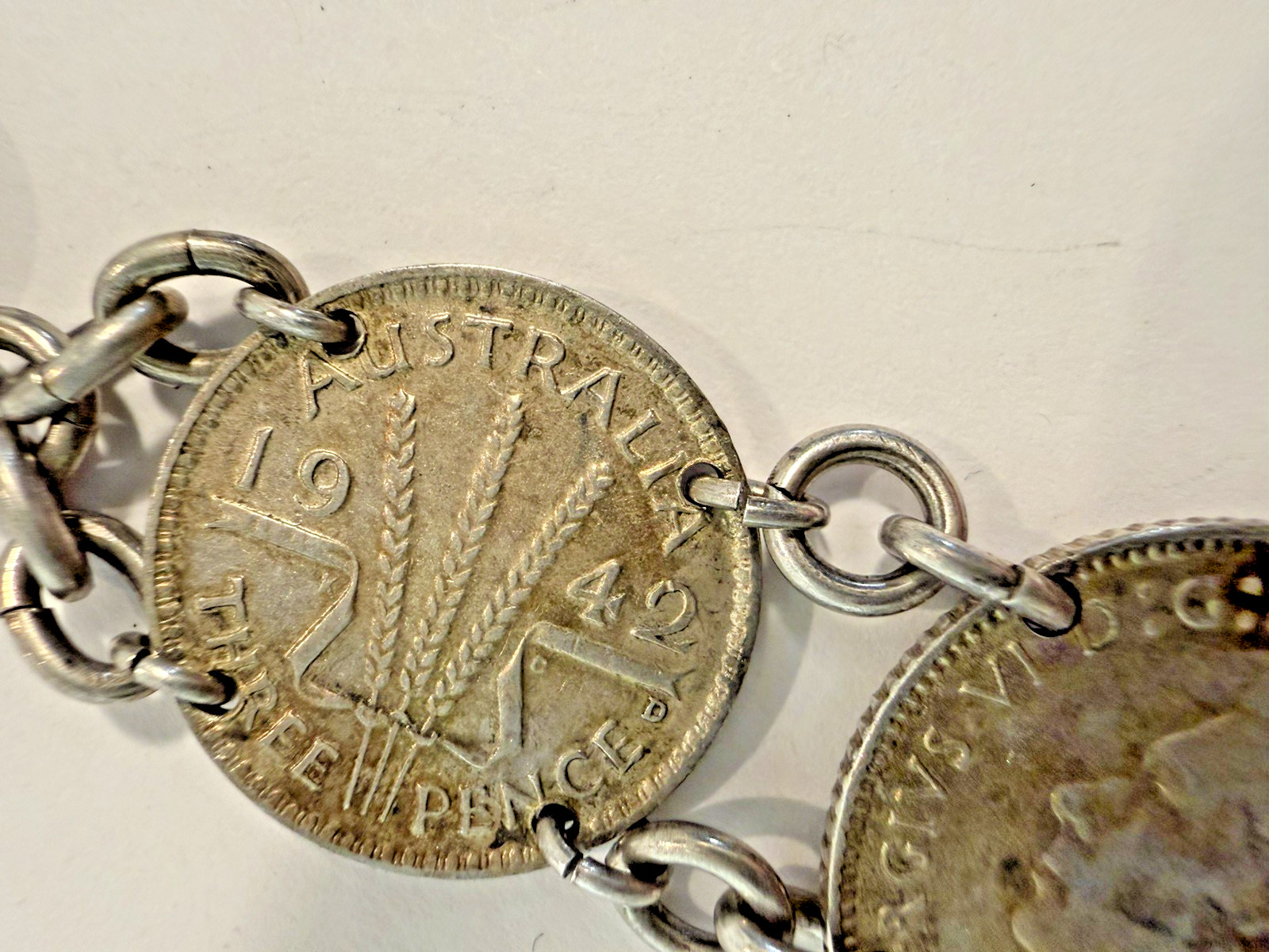vintage coin Link bracelet 1940s Handmade australian sixpence threepence