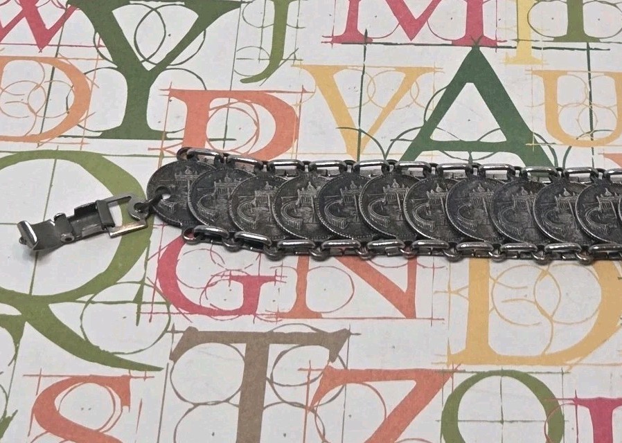 Vtg Roma Italian Coin Souvenir Bracelet Mid Century RomulusRemus St Peters Italy