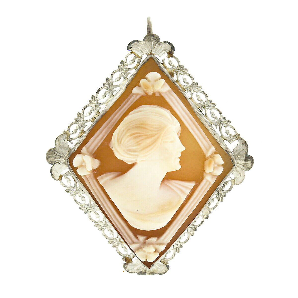 Vintage 14K White Gold Carved Shell Cameo Floral Filigree Lozenge Brooch Pendant