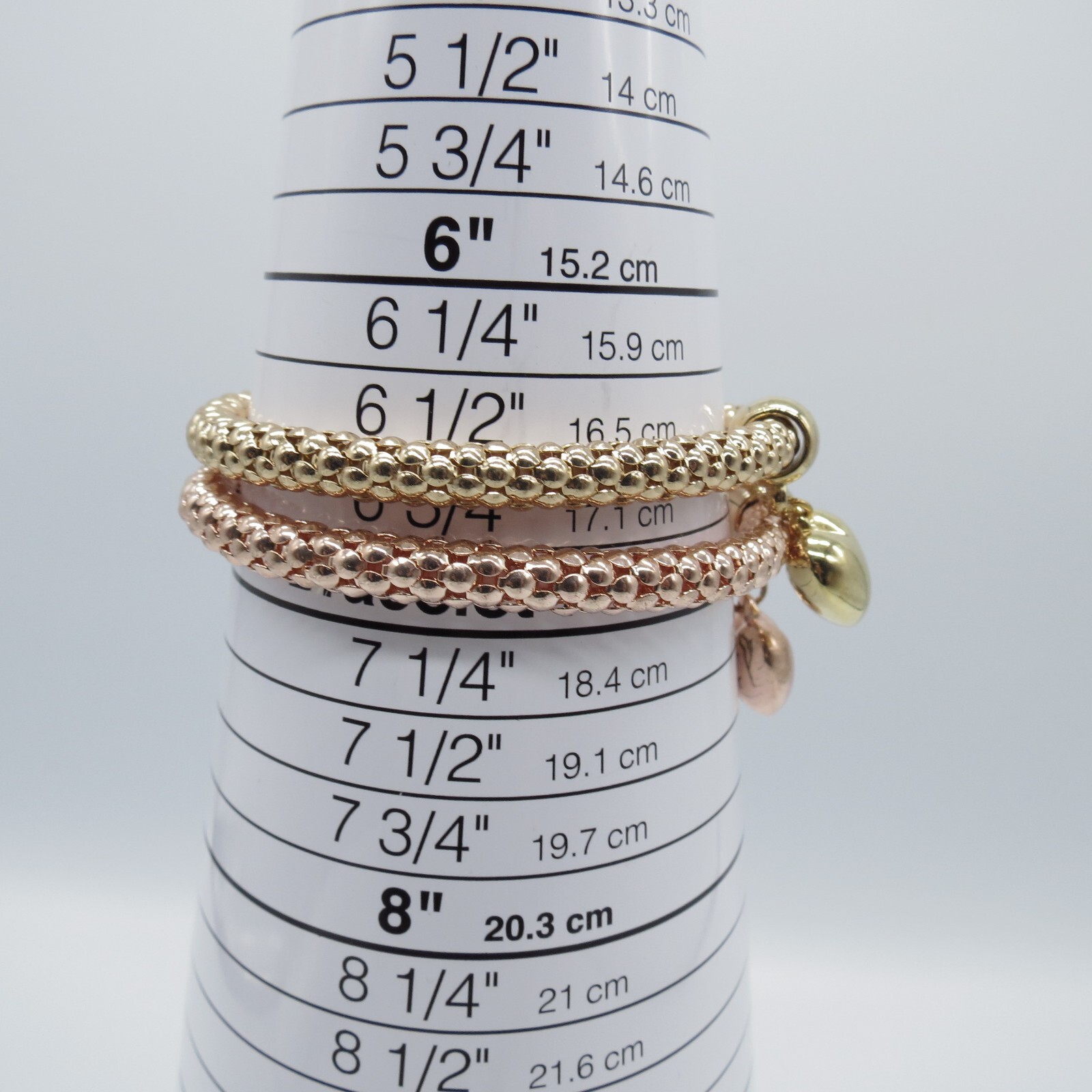 2Pc Puffy Heart Charm Stretch Bracelet Gold Rose Gold Tone Popcorn Chain