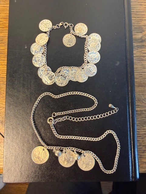 Vintage Coin Charm Necklace & Bracelet Set Silver Tone Buffalo Nickel Style Boho