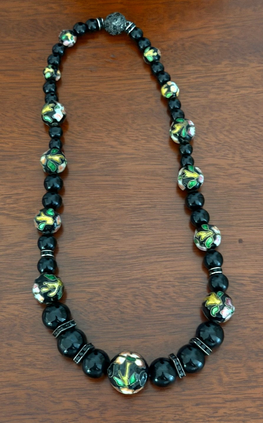 Vintage Black Glass Beads & Cloisonne Necklace Black Rhinestone Spacers 18 3/4″