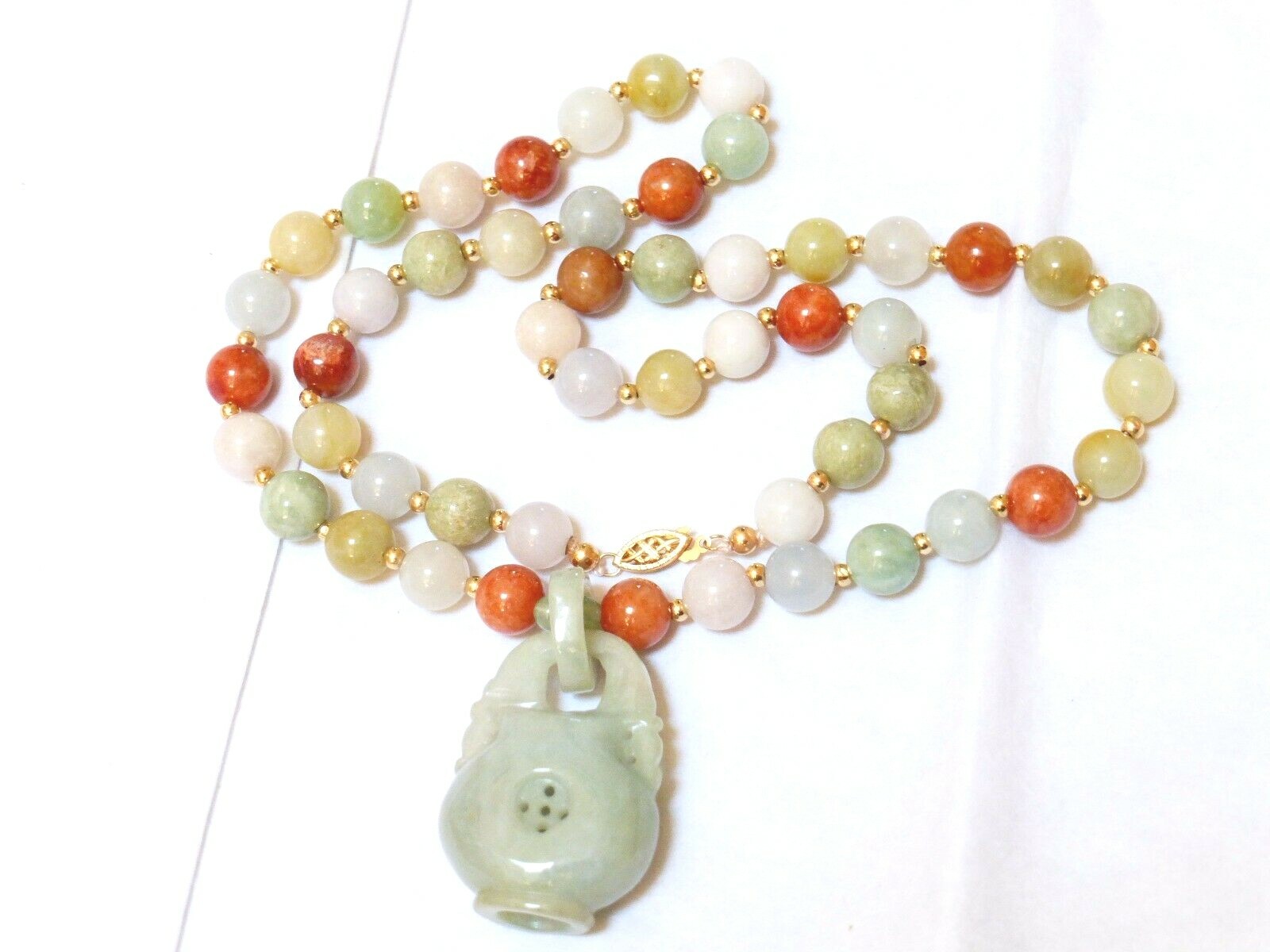 Vintage Chinese 14K GOLD Multi-Color Jade 9mm Beads Necklace Pendant, 22″