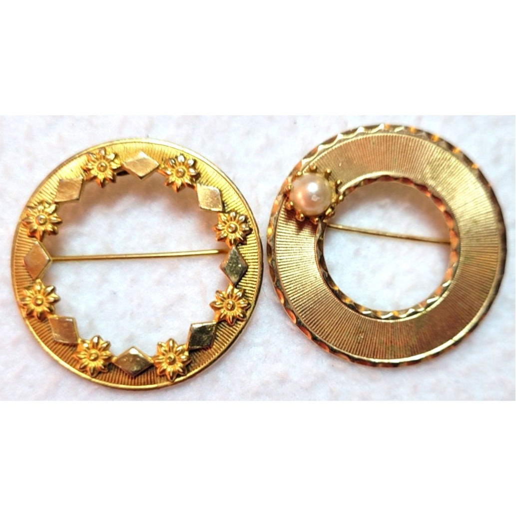Vtg Circle Goldtone Brooch Lot Freirich Beau Jewels Round Pearls 50s 60s 70s 80s