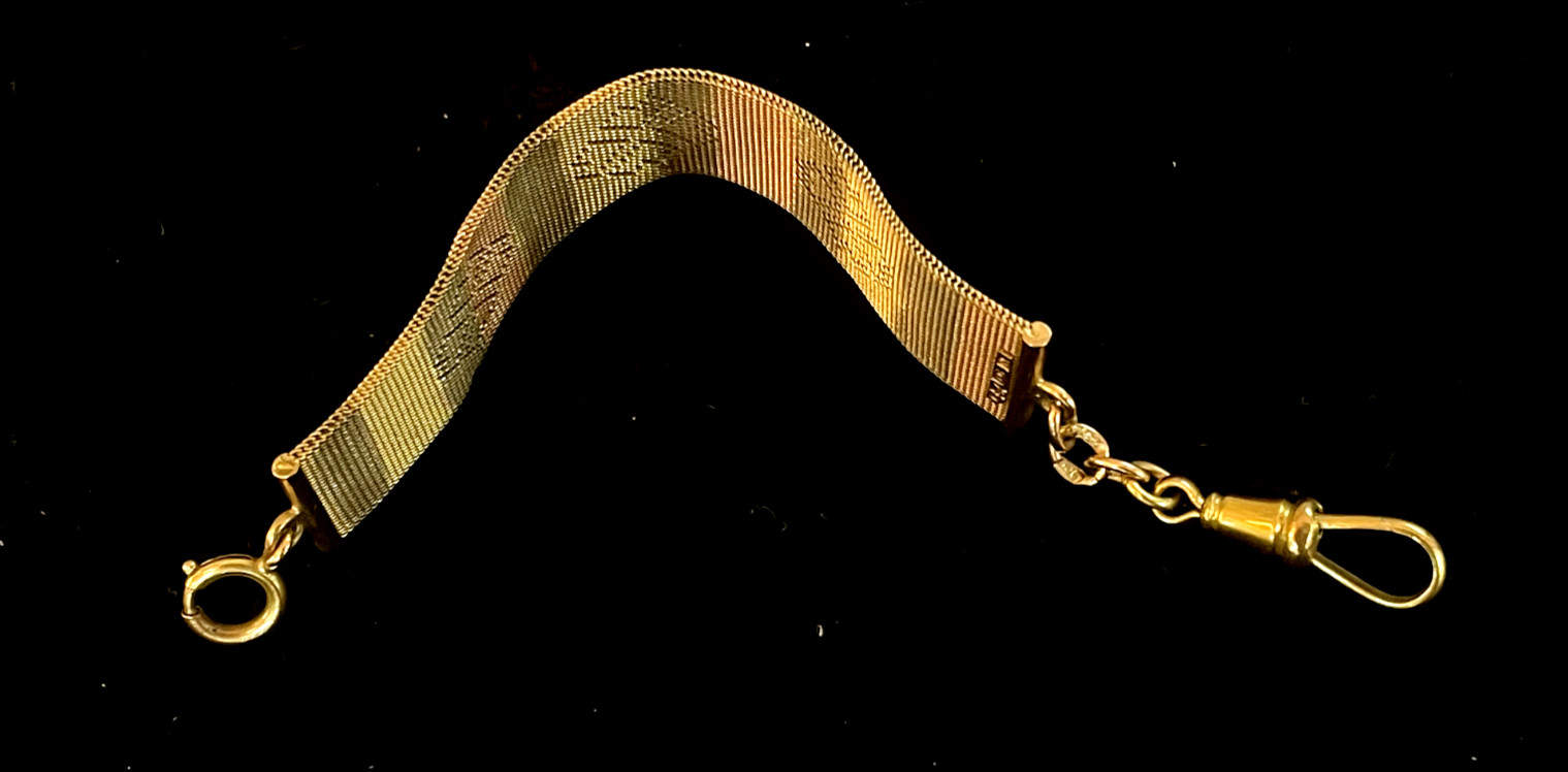 Antique 9 Karat Gold Watch Fob Chain in Tricolor with two Clasps