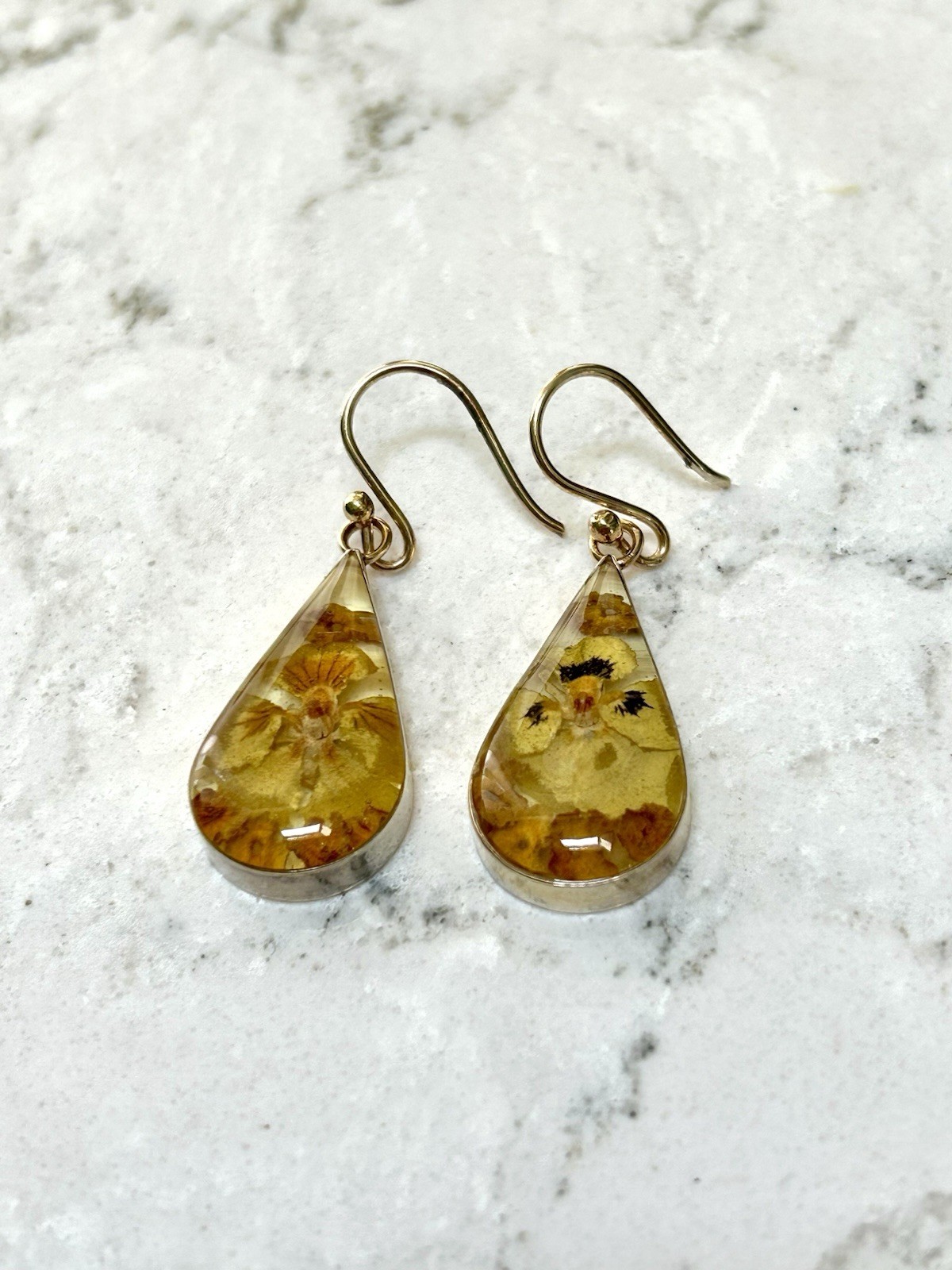 Annika Witt ATI dried flowers acrylic 925 sterling silver Mexico drop earrings