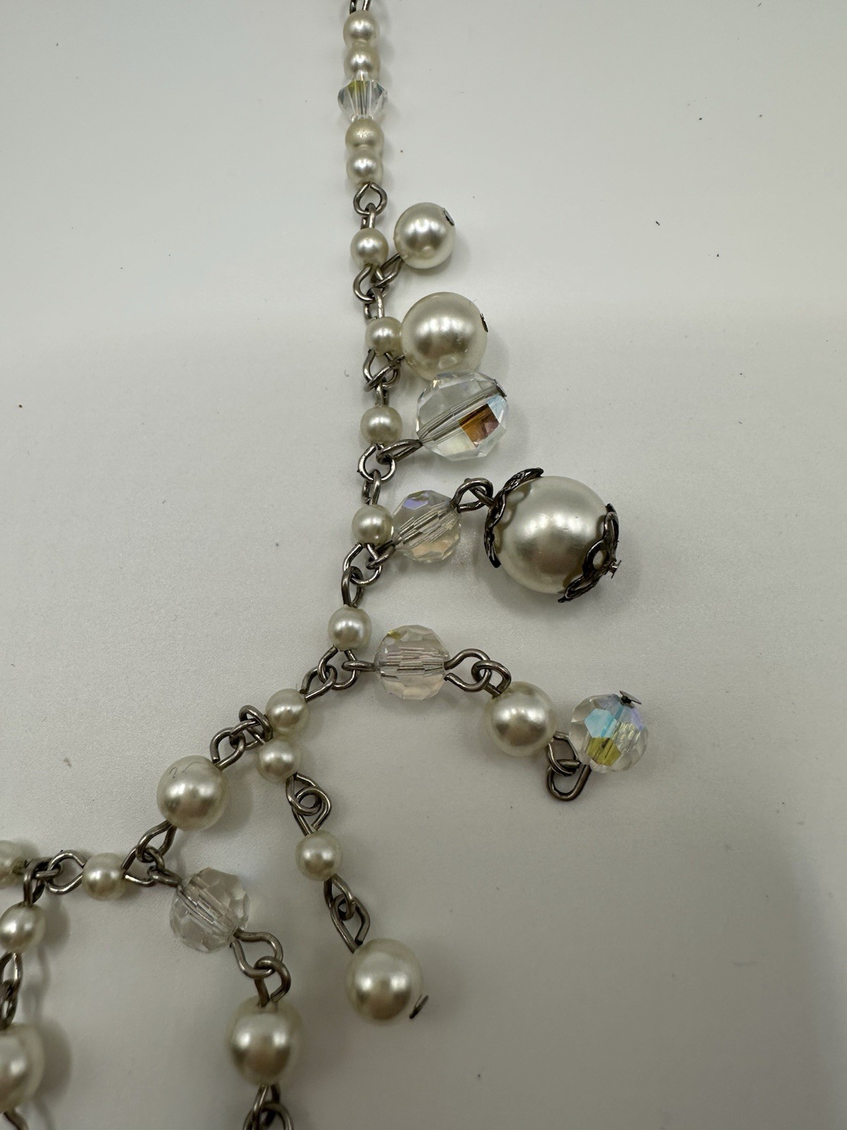 Vintage Faux Pearl AB Acrylic Crystal Fringe Bridal Necklace 16”