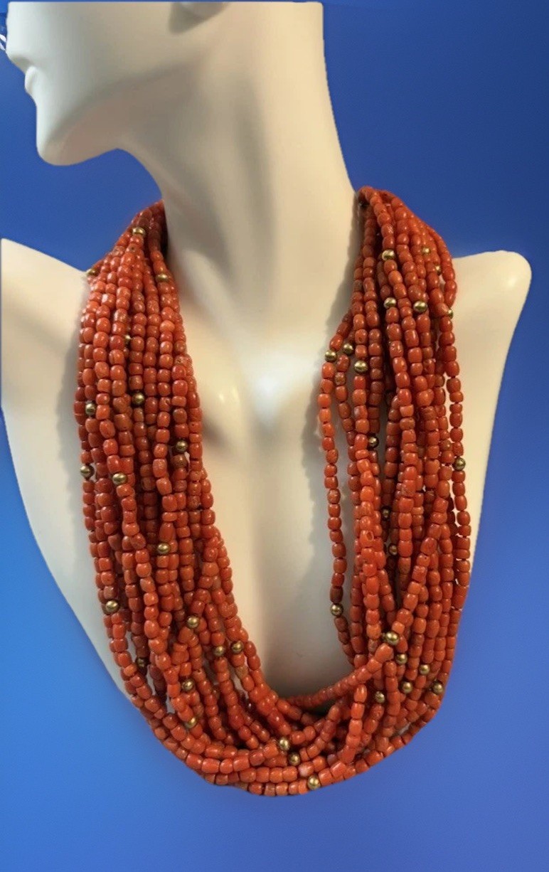 Vintage 18k Gold Multi Strand Coral Necklace Statement Chunky European 17”