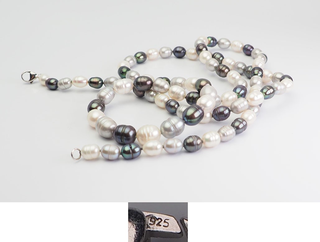 Long vintage black gray and white baroque natural pearl sterling silver necklace