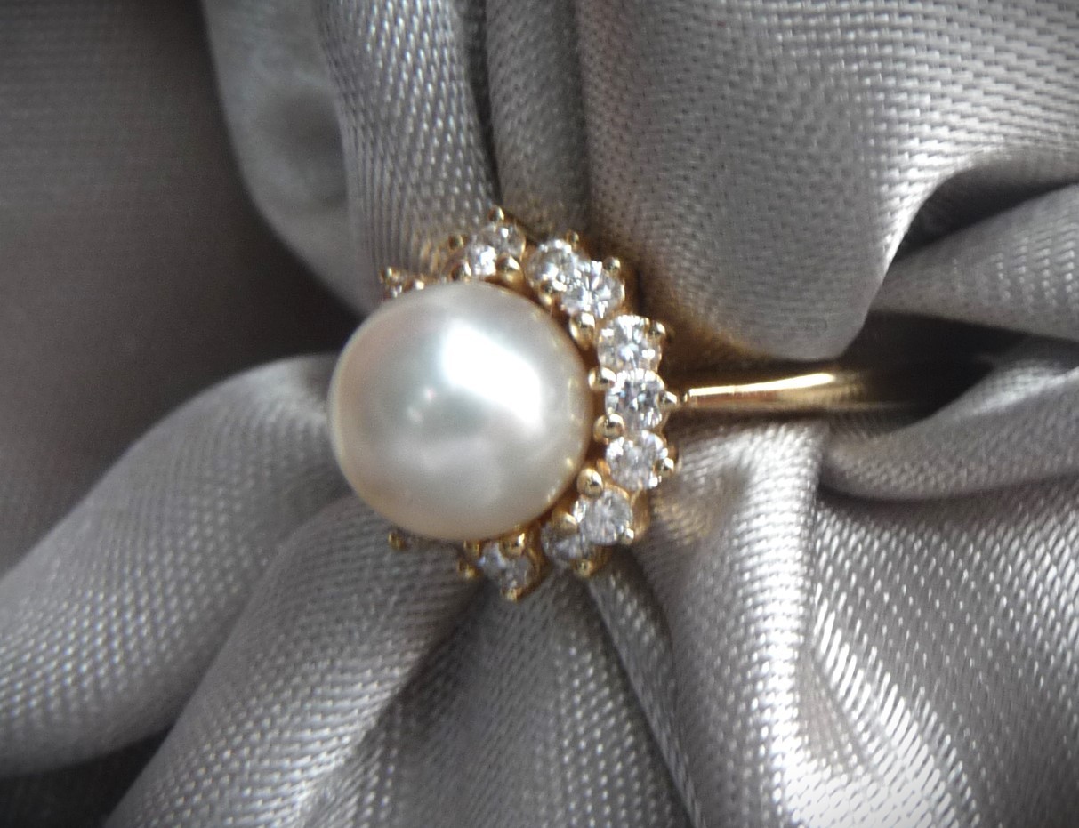 GORGEOUS $2450 MIKIMOTO BLUE LAGOON 14K HALO 16 DIAMONDS PEARL ENGAGEMENT RING!