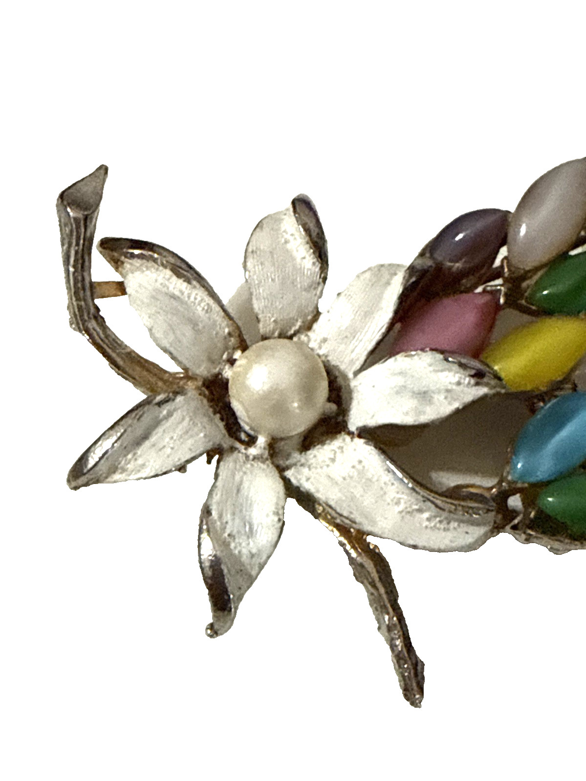 Vintage Floral Brooch Purple Pink Blue Yellow Cabochon White Enamel Pin 2.5″