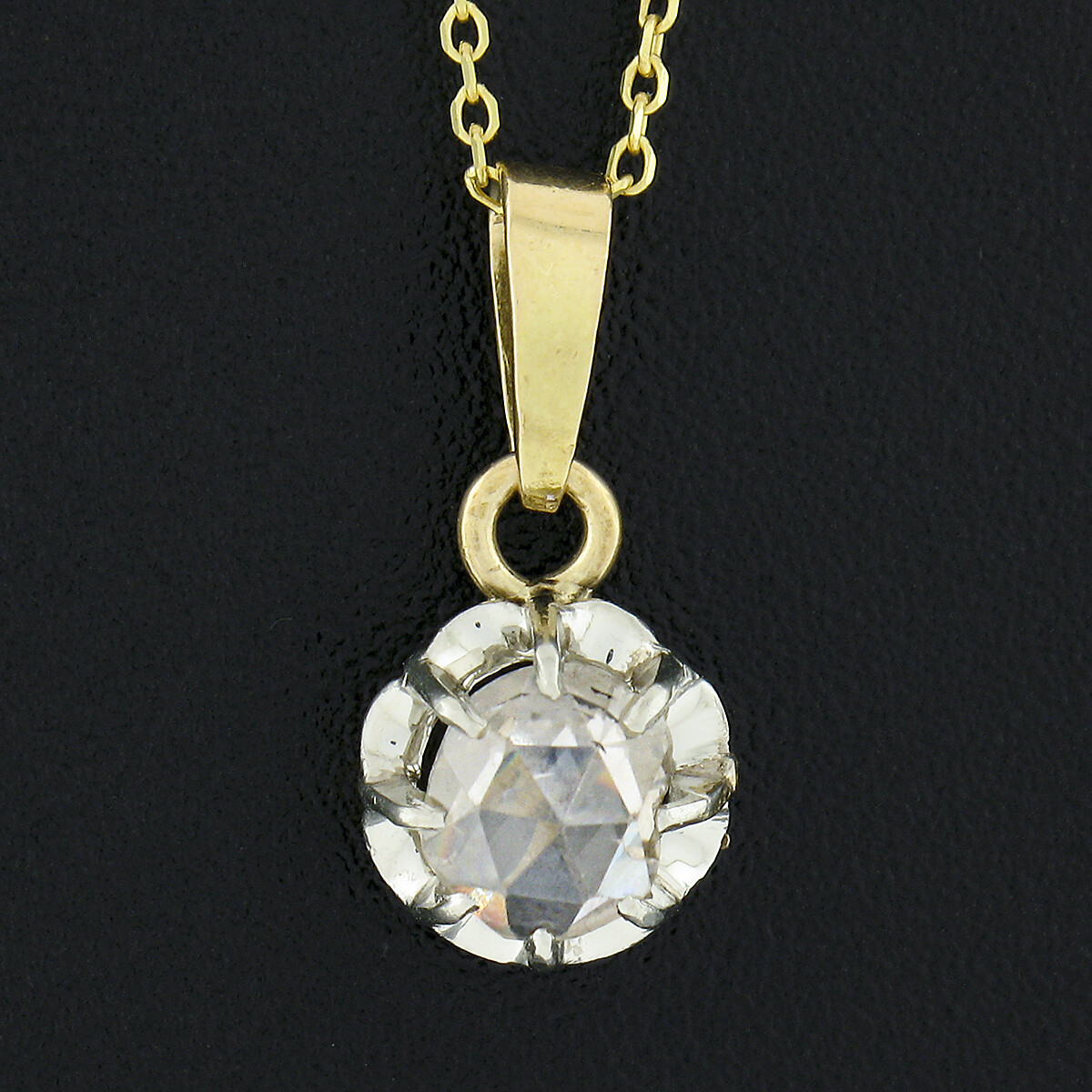 Antique 18k Gold Platinum 0.40ct Rose Cut Diamond Solitaire Pendant w/ 16″ Chain