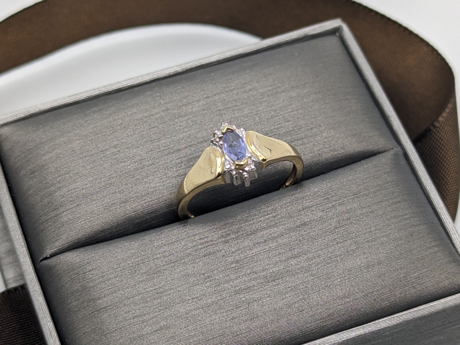 10k Yellow Gold Blue Iolite and Diamond Ring Violet Marquise Cut Diamond Ring