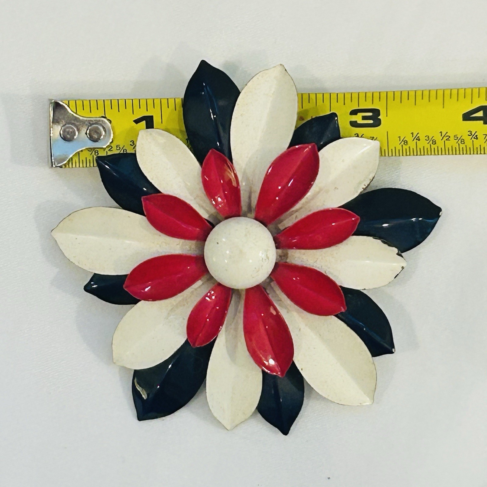 Lot Of 2 VTG Brooches Brass Floral Bow Red White Black Painted Flower